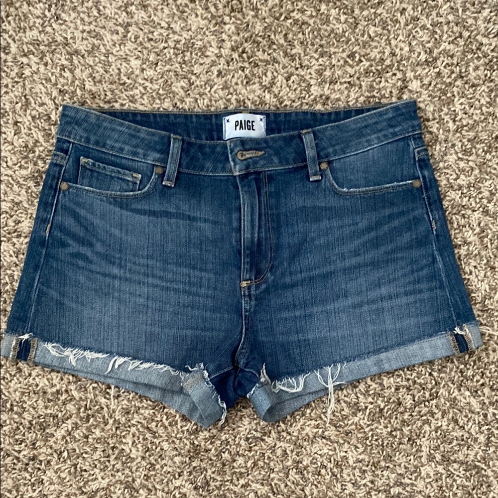 PAIGE Blue Jean Shorts with Frayed Hem